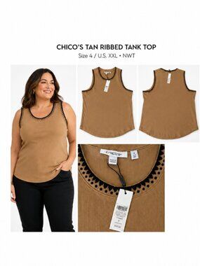 Chico’s Size 4/XXL Tan Ribbed Tank Top Black Trim NWT